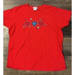 Top Stitch Red Hearts Flowers T-shirt Grandmacore Cottagecore XL